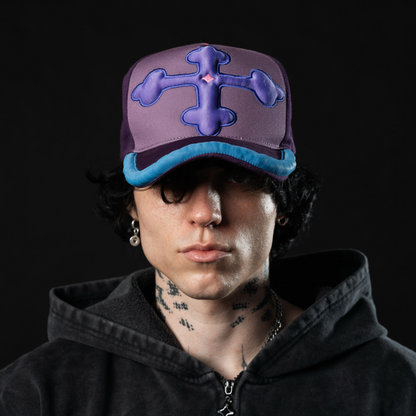 PURPLE CROSS PUFFY HAT